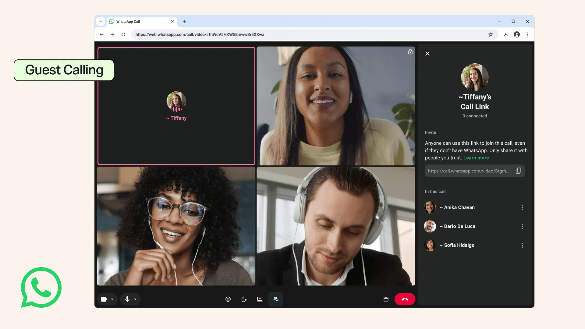 WhatsApp guest calling shown on a computer browser without requiring a WhatsApp account