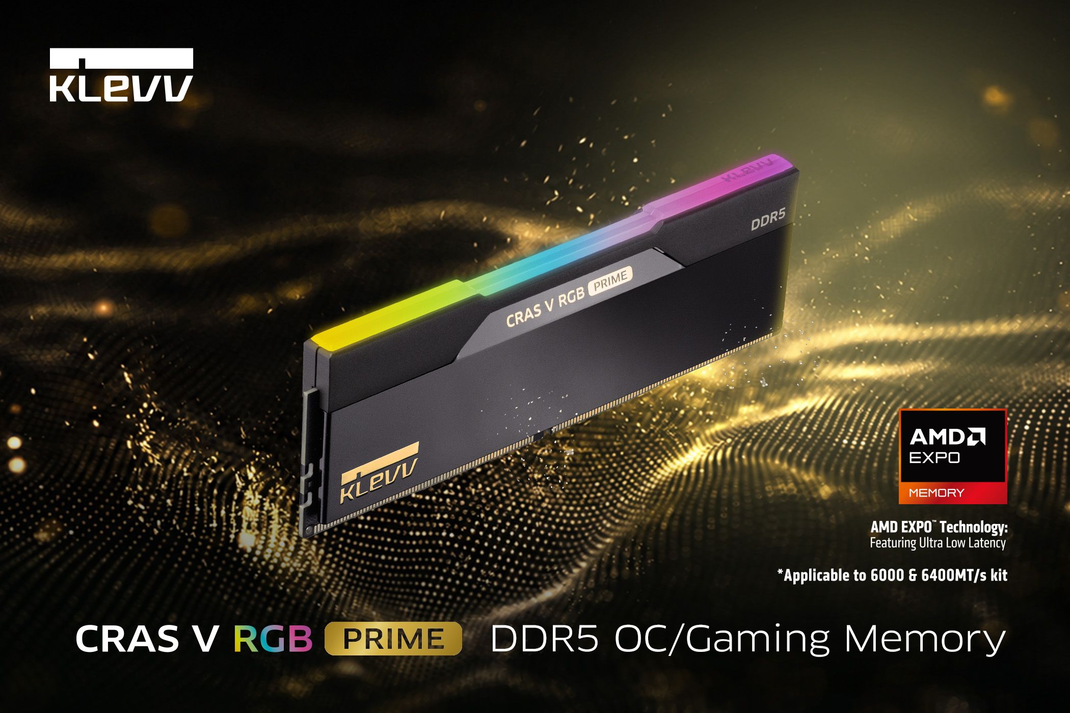KLEVV CRAS V RGB PRIME DDR5 modules installed in an RGB-lit desktop PC
