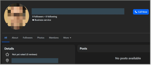 Example of an empty Facebook shell Page prepared for possible later use in a scam campaign
