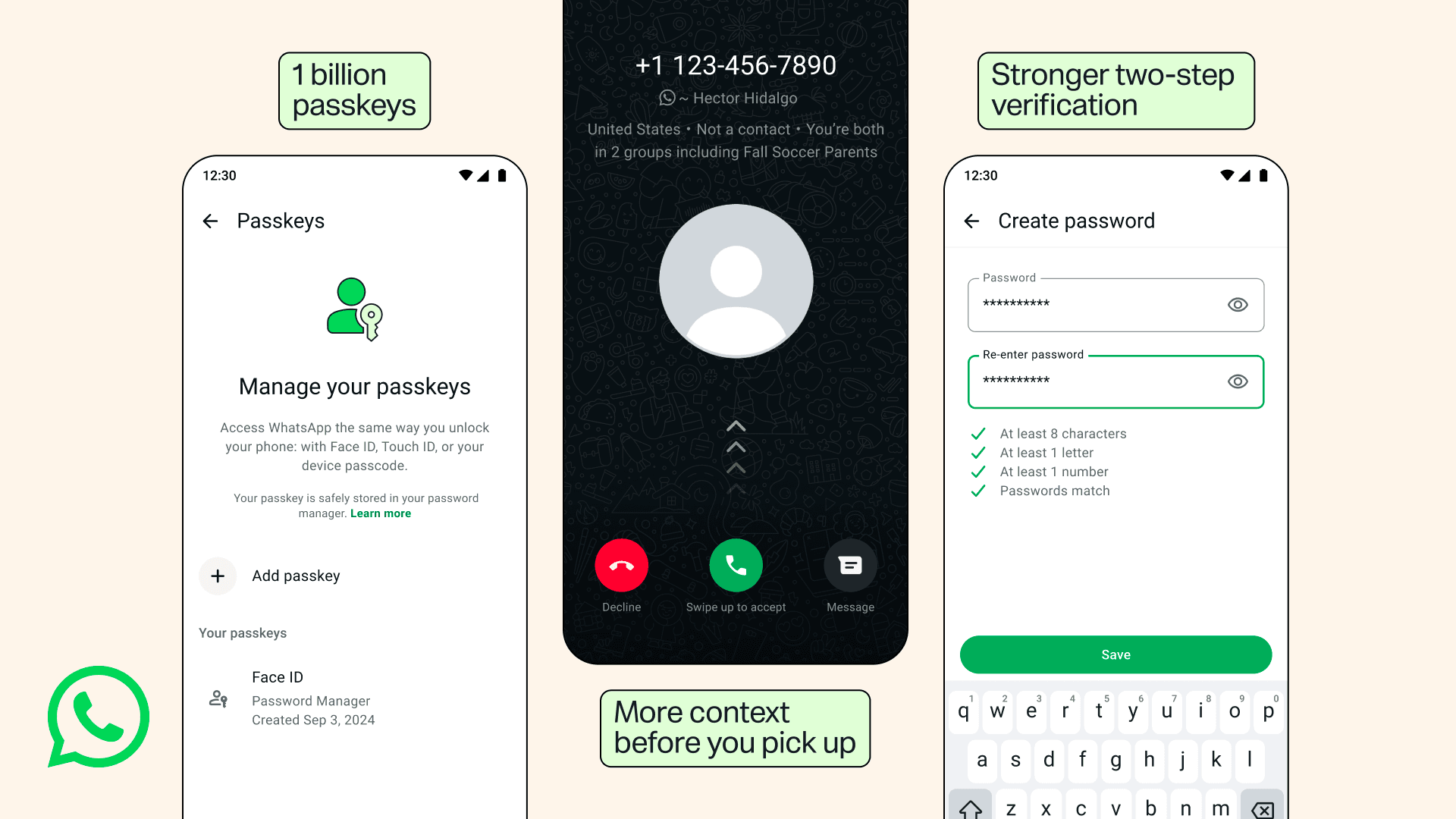 WhatsApp account security graphic highlighting one billion passkey users, caller context and stronger two-step verification