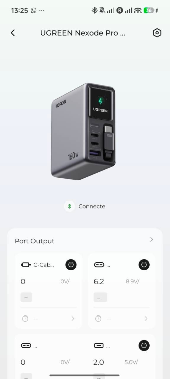 UGREEN app main dashboard showing live per-port power readings and output controls for the Nexode Pro charger