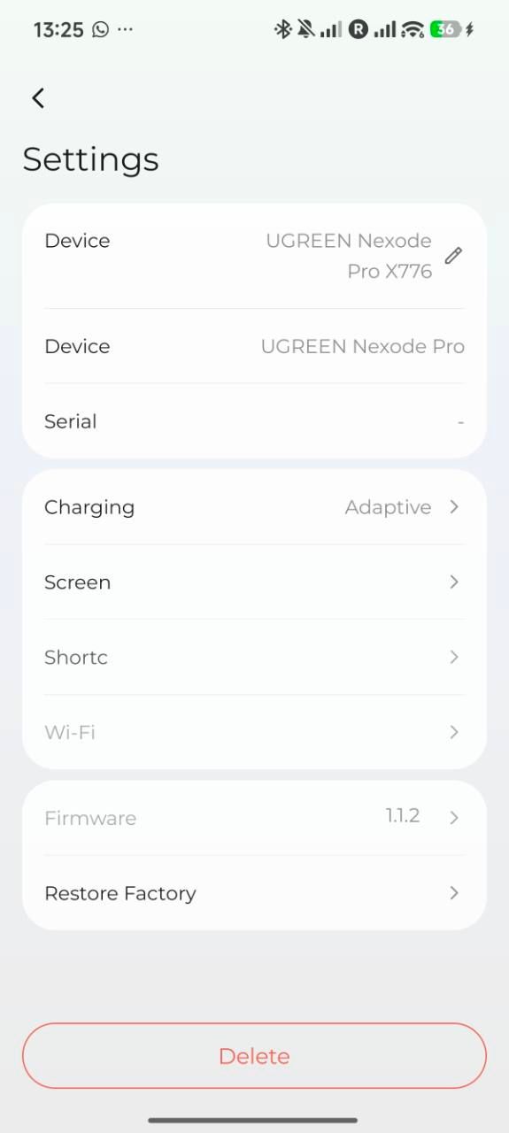UGREEN app settings page showing display options and firmware information for the Nexode Pro charger