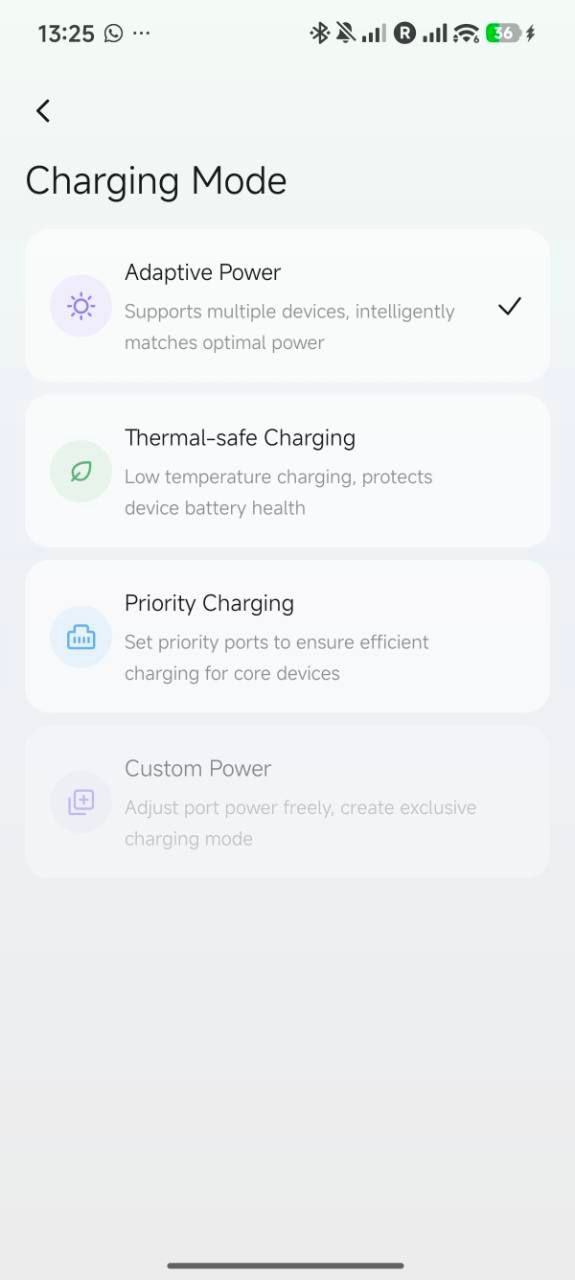 UGREEN app charging-mode screen showing Adaptive Power, Thermal-safe Charging, Priority Charging and a greyed-out Custom Power option