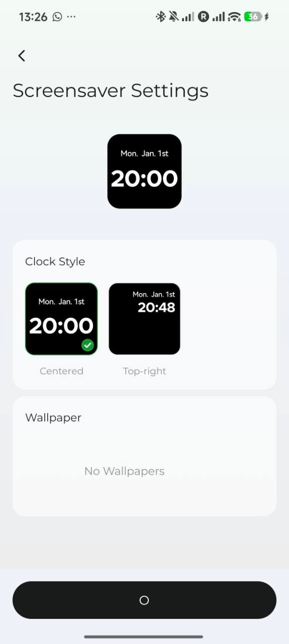 UGREEN app clock screensaver styles and time-format options with no wallpapers available
