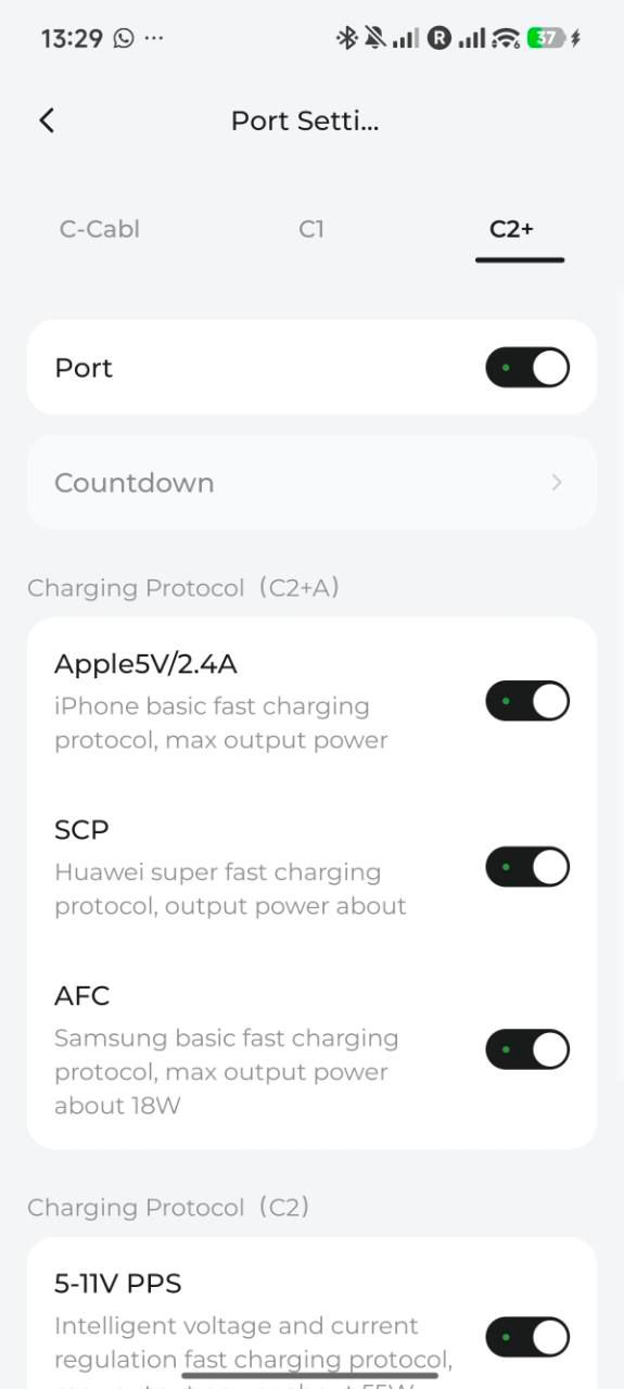 UGREEN app per-port controls for supported charging protocols on the Nexode Pro charger