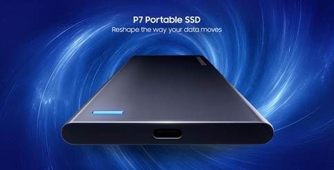 Samsung P7 Portable SSD shown in official blue product artwork