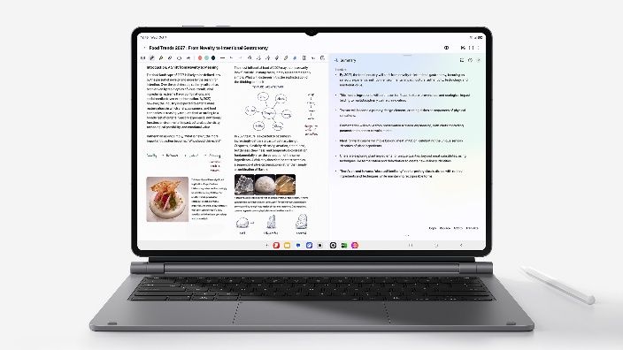 Samsung Galaxy Tab S12 tablet attached to a keyboard while showing a split-screen workflow