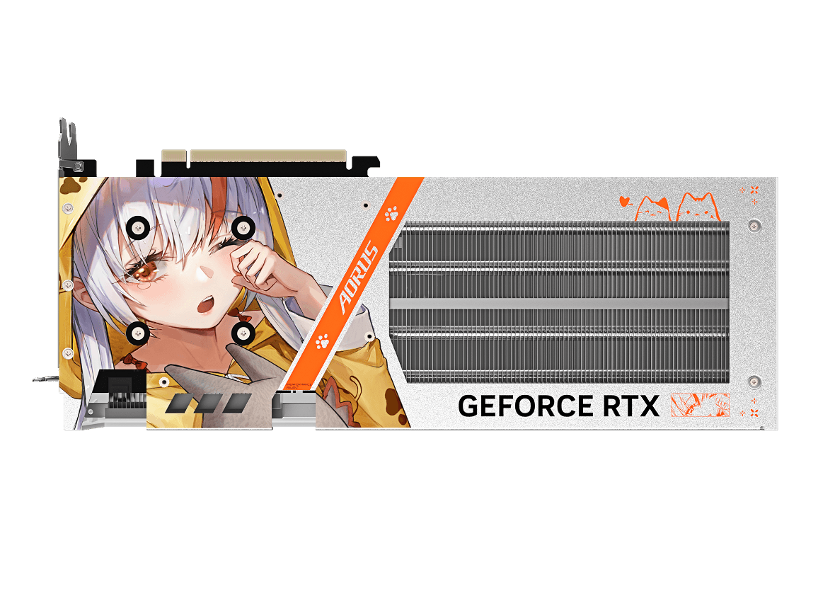 Rear view of the AORUS GeForce RTX 5060 ARI 8G showing the ARI character backplate