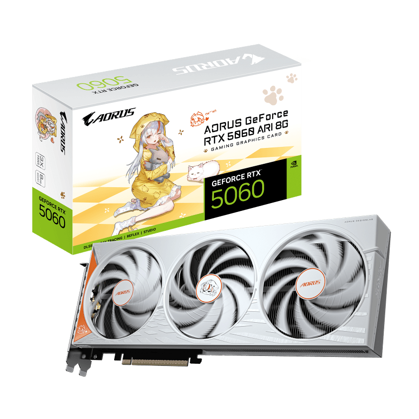 AORUS GeForce RTX 5060 ARI 8G graphics card shown beside its ARI-themed retail box