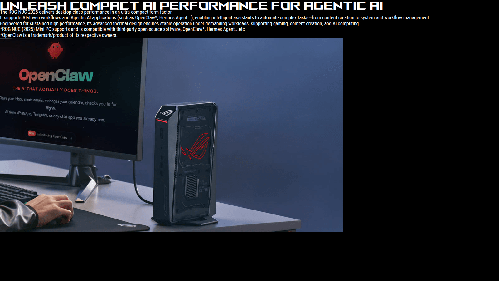 ASUS ROG NUC 2025 Agentic AI section showing the mini PC beside a monitor