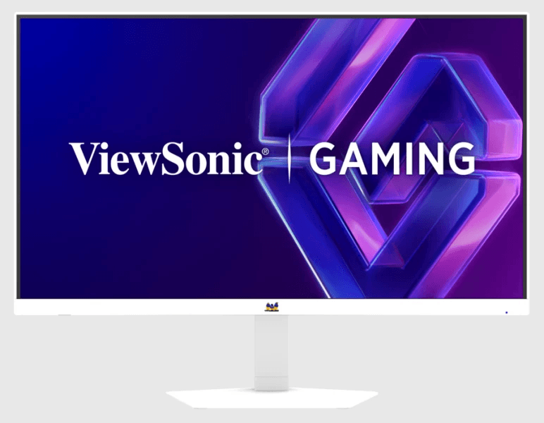 White ViewSonic VX25G26-2K-W-10 gaming monitor displaying a purple ViewSonic Gaming graphic