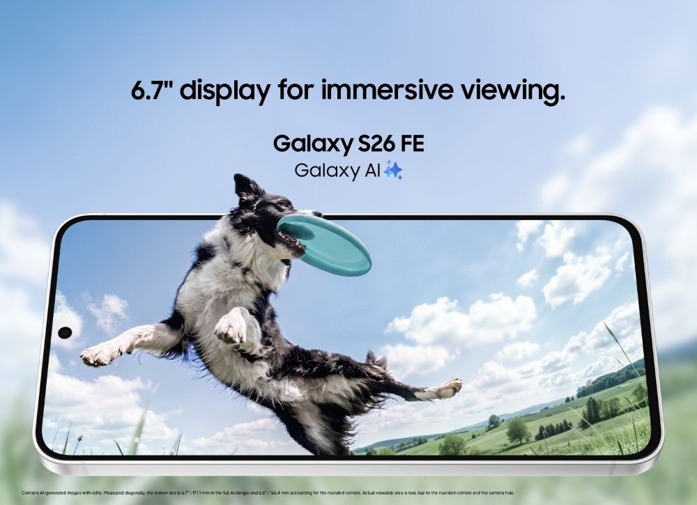 Galaxy S26 FE 6.7-inch display showing a dog catching a flying disc