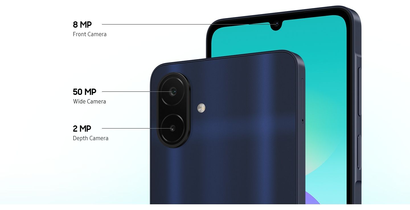 Samsung Galaxy A08 camera layout showing 50MP main, 2MP depth and 8MP front cameras