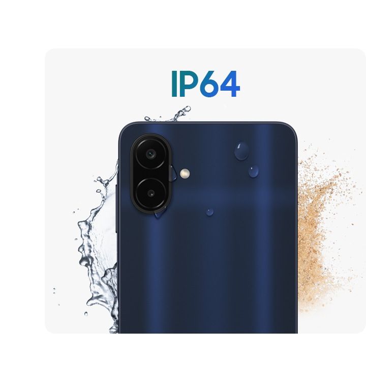 Samsung Galaxy A08 IP64 dust and splash resistance graphic